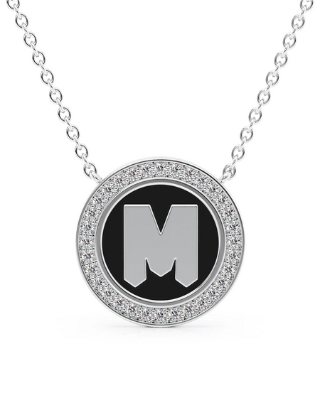14K White Gold Black M Initial Disk Pendant