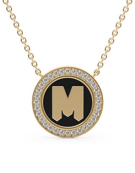 14K Yellow Gold Black M Initial Disk Pendant