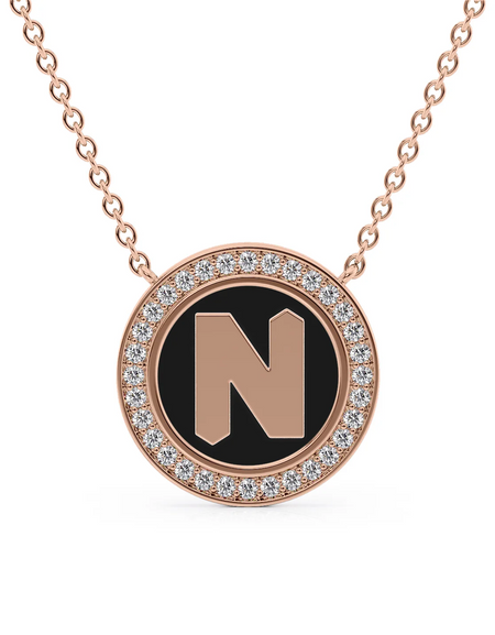 14K Rose Gold Black N Initial Disk Pendant