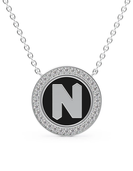 14K White Gold Black N Initial Disk Pendant