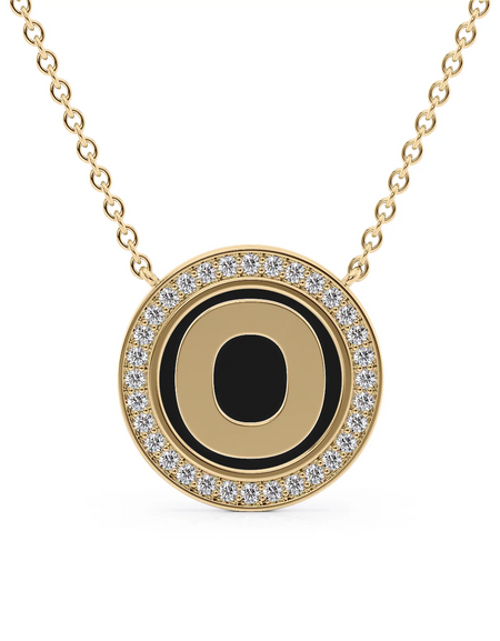 14K Yellow Gold Black O Initial Disk Pendant