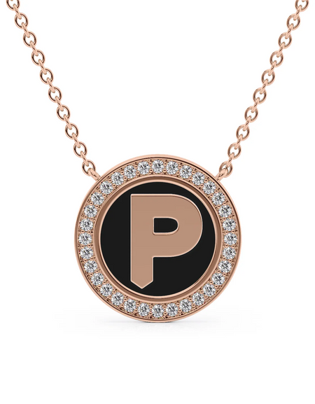 14K Rose Gold Black P Initial Disk Pendant