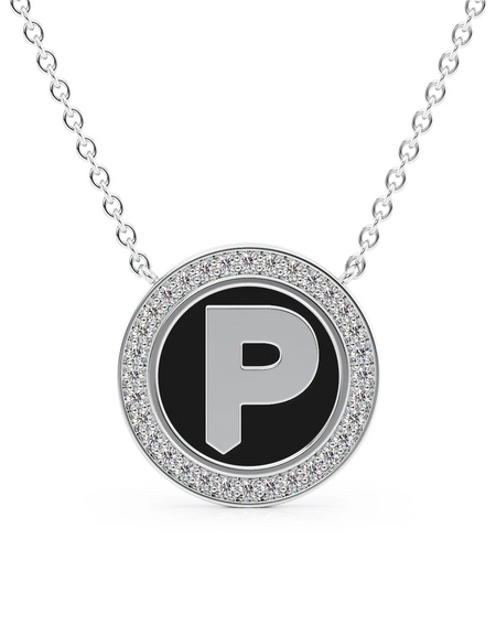 14K White Gold Black P Initial Disk Pendant