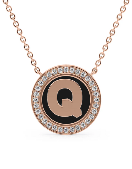 14K Rose Gold Black Q Initial Disk Pendant