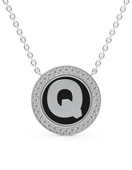 14K White Gold Black Q Initial Disk Pendant