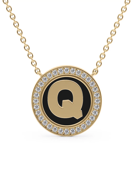 14K Yellow Gold Black Q Initial Disk Pendant