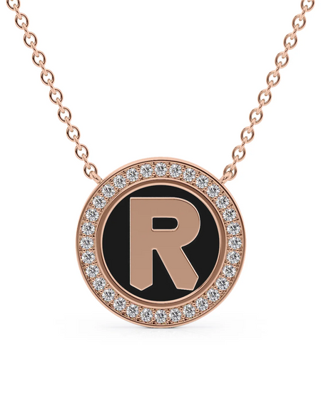 14K Rose Gold Black R Initial Disk Pendant