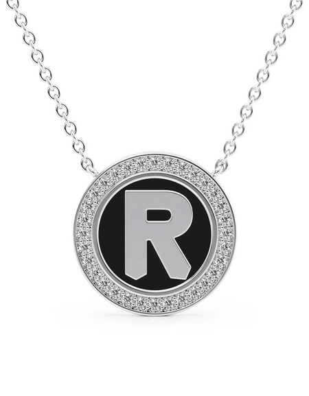 14K White Gold Black R Initial Disk Pendant