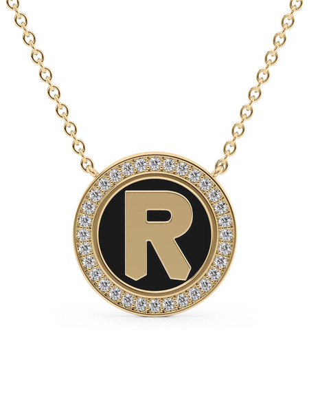 14K Yellow Gold Black R Initial Disk Pendant
