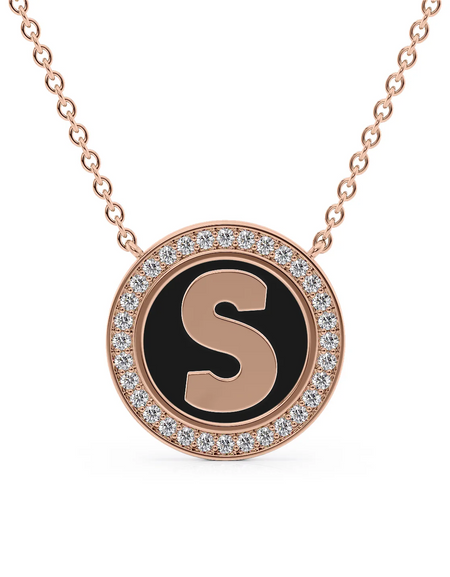 14K Rose Gold Black S Initial Disk Pendant