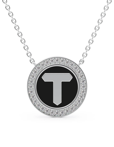 14K White Gold Black T Initial Disk Pendant