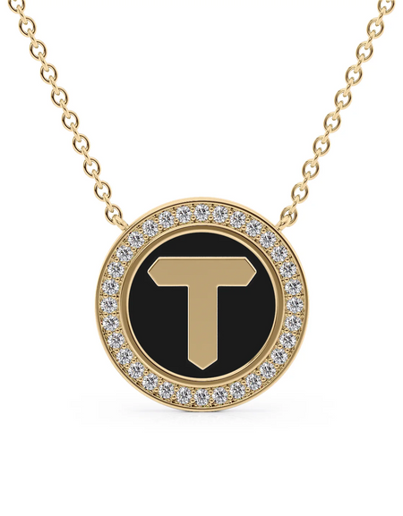 14K Yellow Gold Black T Initial Disk Pendant