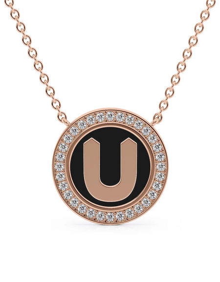 14K Rose Gold Black U Initial Disk Pendant