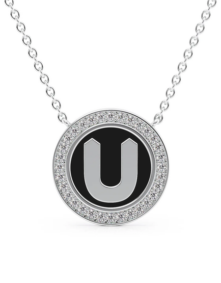 14K White Gold Black U Initial Disk Pendant