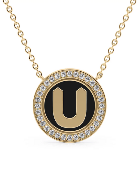 14K Yellow Gold Black U Initial Disk Pendant