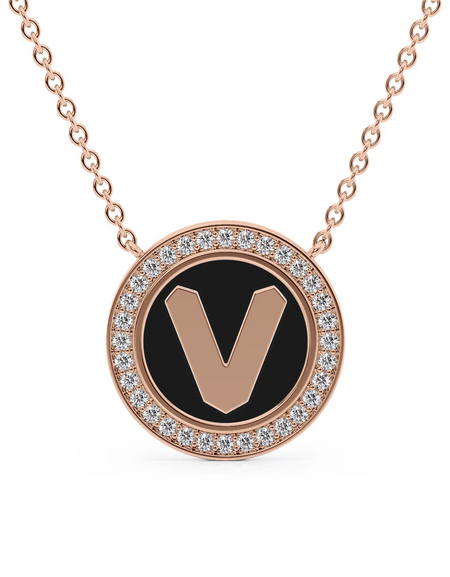 14K Rose Gold Black V Initial Disk Pendant