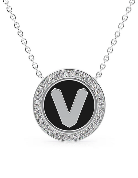 14K White Gold Black V Initial Disk Pendant