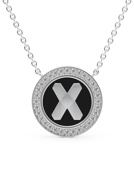 14K White Gold Black X Initial Disk Pendant