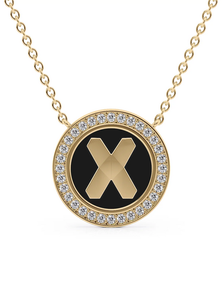 14K Yellow Gold Black X Initial Disk Pendant