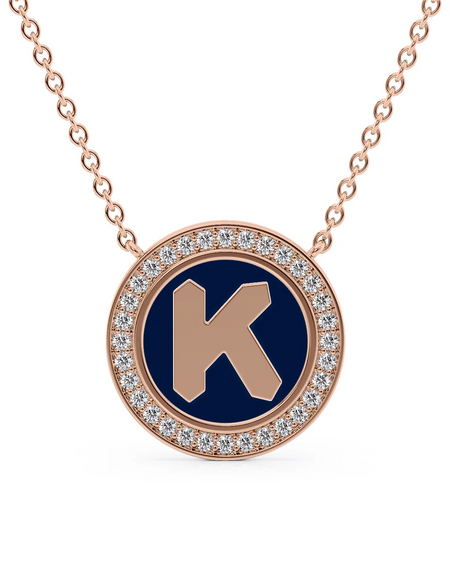 14K Rose Gold Blue K Initial Disk Pendant