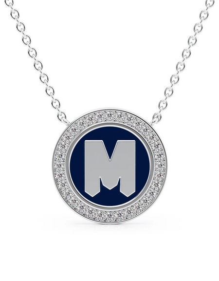 14K White Gold Blue M Initial Disk Pendant