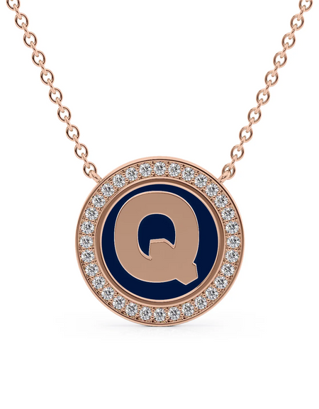 14K Rose Gold Blue Q Initial Disk Pendant