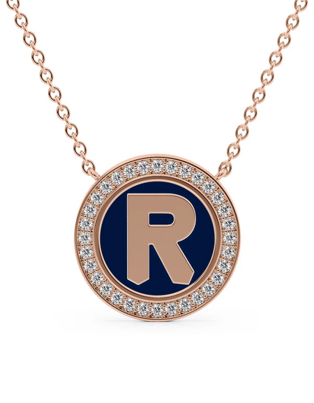 14K Rose Gold Blue R Initial Disk Pendant