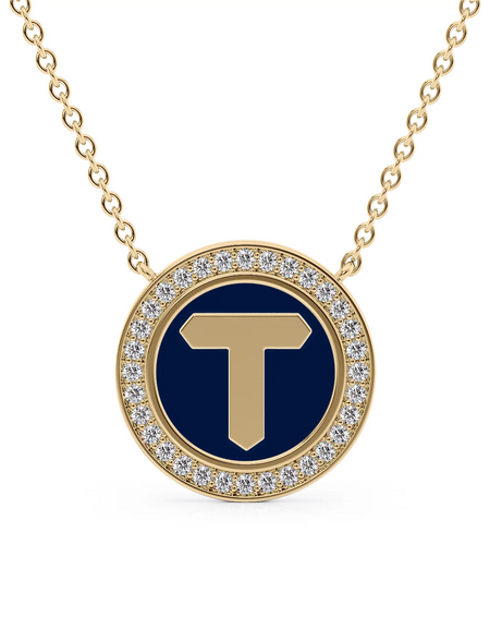 14K Yellow Gold Blue T Initial Disk Pendant
