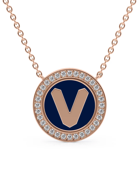 14K Rose Gold Blue V Initial Disk Pendant