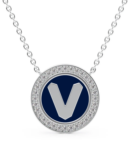14K White Gold Blue V Initial Disk Pendant