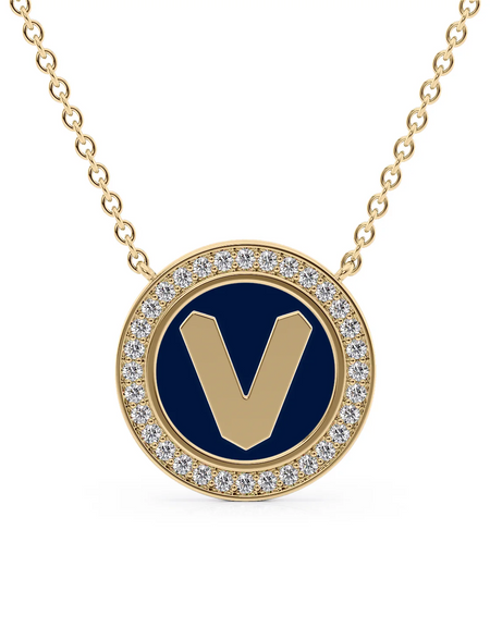 14K Yellow Gold Blue V Initial Disk Pendant
