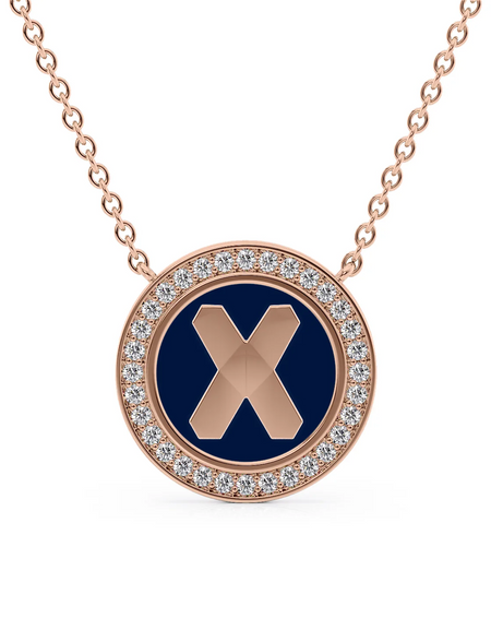 14K Rose Gold Blue X Initial Disk Pendant