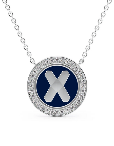 14K White Gold Blue X Initial Disk Pendant