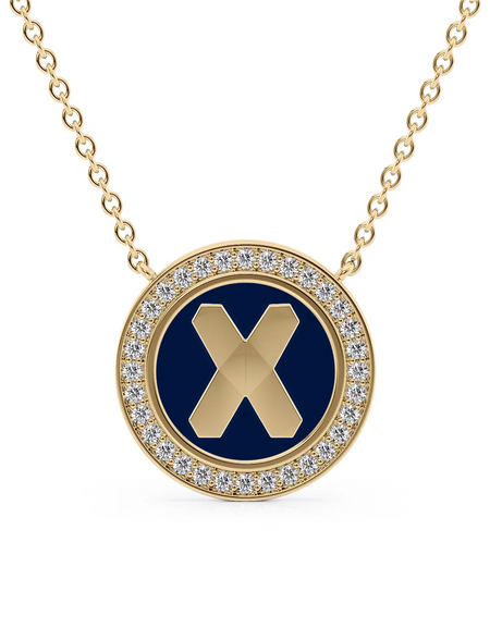 14K Yellow Gold Blue X Initial Disk Pendant