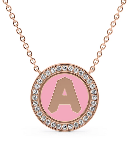 14K Rose Gold Pink A Initial Disk Pendant