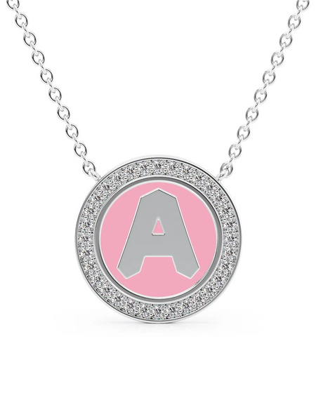 14K White Gold Pink A Initial Disk Pendant