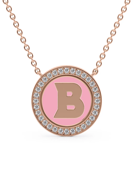 14K Rose Gold Pink B Initial Disk Pendant