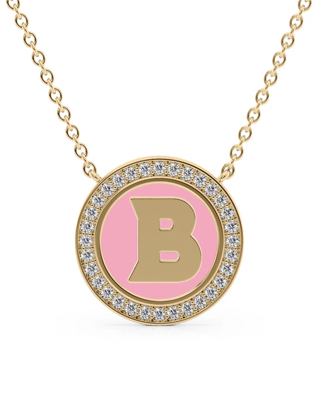14K Yellow Gold Pink B Initial Disk Pendant