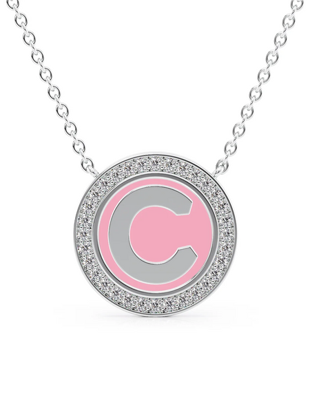 14K White Gold Pink C Initial Disk Pendant