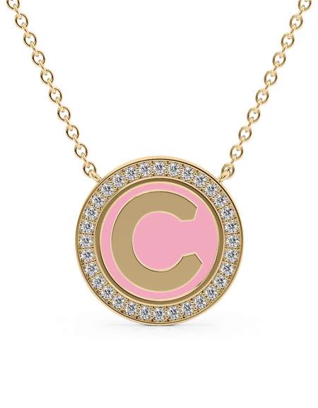 14K Yellow Gold Pink C Initial Disk Pendant