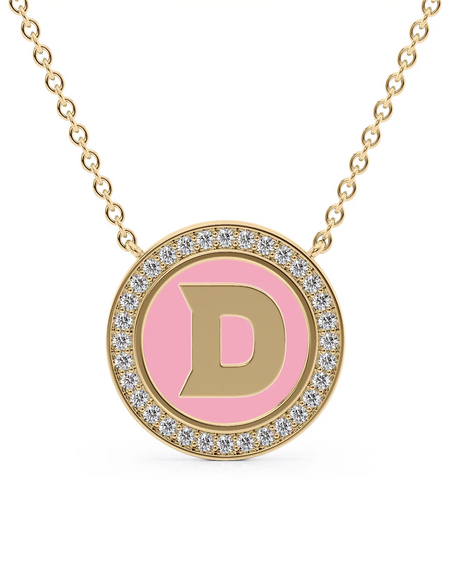 14K Yellow Gold Pink D Initial Disk Pendant