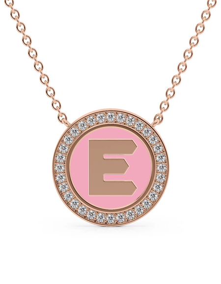 14K Rose Gold Pink E Initial Disk Pendant