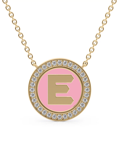 14K Yellow Gold Pink E Initial Disk Pendant