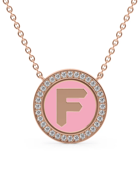 14K Rose Gold Pink F Initial Disk Pendant