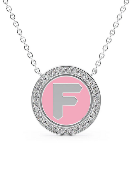 14K White Gold Pink F Initial Disk Pendant