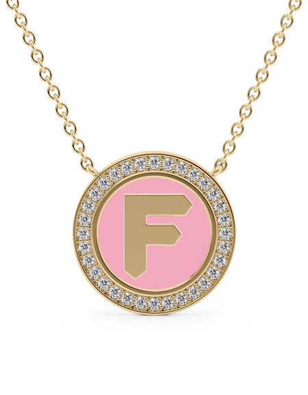 14K Yellow Gold Pink F Initial Disk Pendant