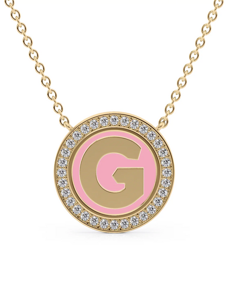 14K Yellow Gold Pink G Initial Disk Pendant