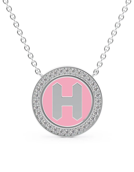 14K White Gold Pink H Initial Disk Pendant