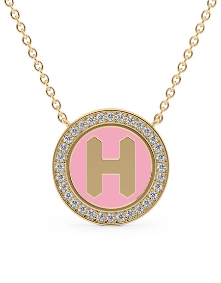 14K Yellow Gold Pink H Initial Disk Pendant
