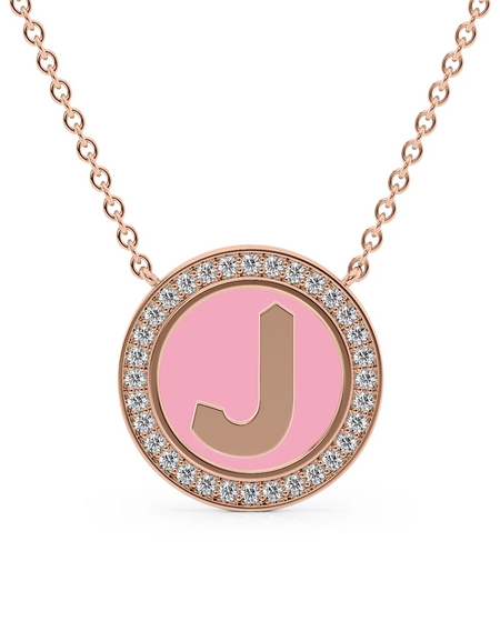14K Rose Gold Pink J Initial Disk Pendant
